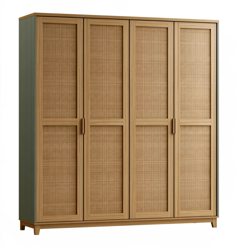 Kleiderschrank 180 x 60 x 200 cm aus Holz in Naturholz Grün mit Rattangeflecht und 4 Türen im Naturstil