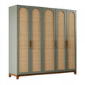 Kleiderschrank 250 x 60 x 220 cm aus Holzwerkstoff in Grün mit Rattangeflecht im Retro-Stil