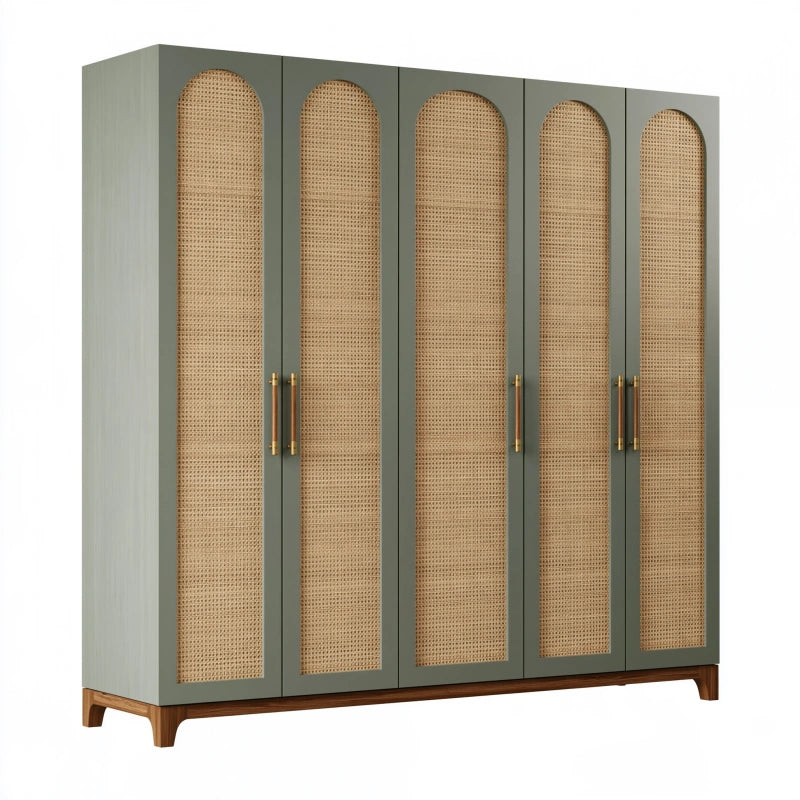 Kleiderschrank 250 x 60 x 220 cm aus Holzwerkstoff in Grün mit Rattangeflecht im Retro-Stil