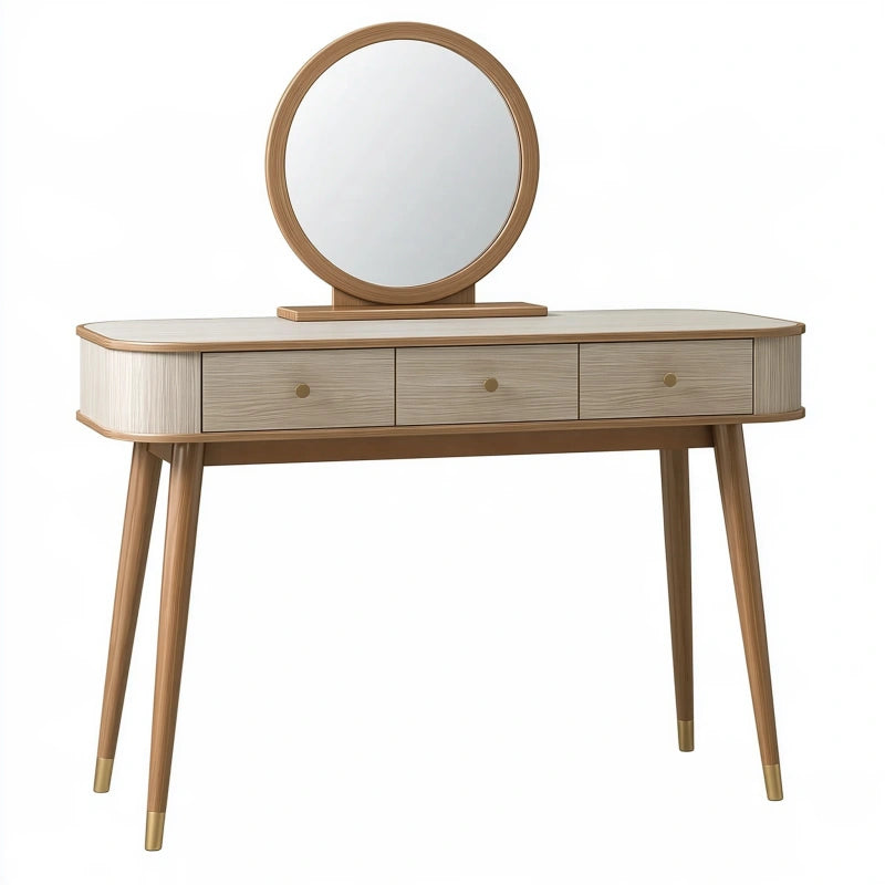 Schminktisch 120 x 45 x 140 cm aus Holz in Naturbeige mit Spiegel und Schubladen im Retro-Stil
