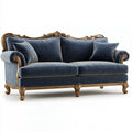 Sofa 220 x 95 x 105 cm aus Samt in Dunkelblau mit goldfarbenem Holzdekor im Barockstil
