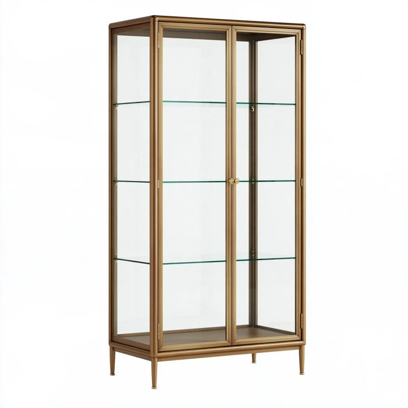 Vitrine 80 x 40 x 180 cm aus Glas und Metall in Messingfarben mit Glastüren