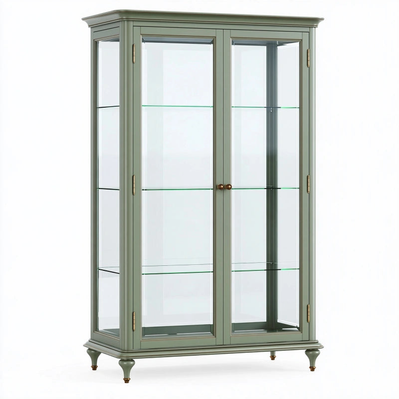 Vitrine 100 x 45 x 180 cm aus Holz und Glas in Salbeigrün klassisch
