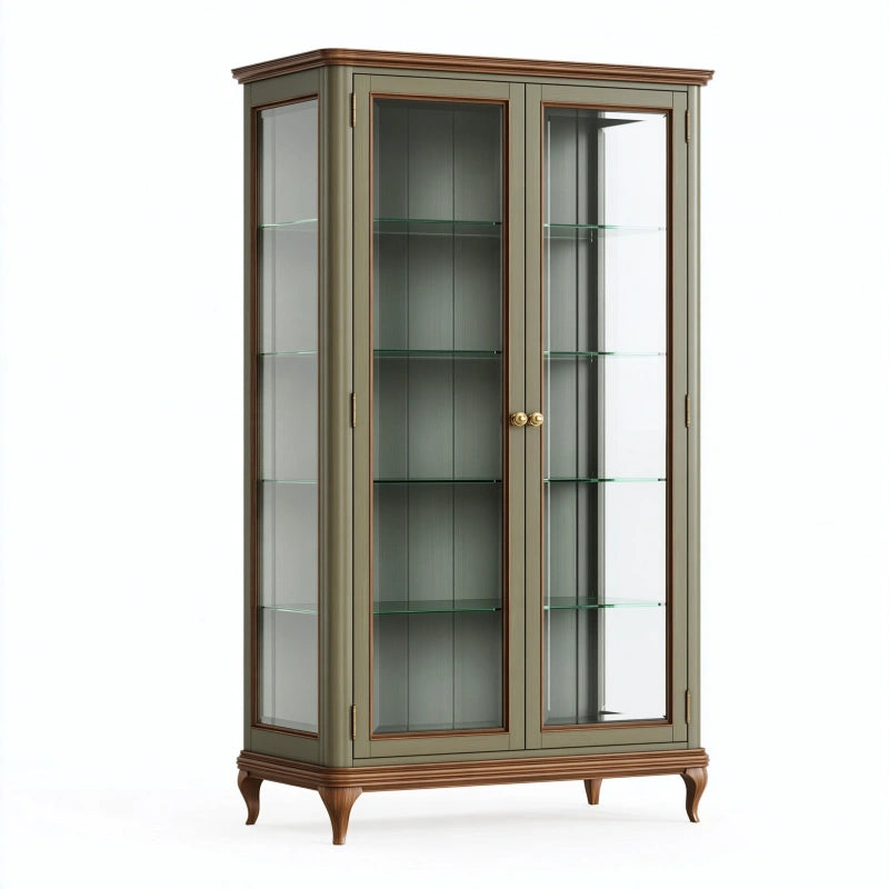 Vitrine 110 x 45 x 190 cm aus Holz und Glas olivgrün braun klassisch